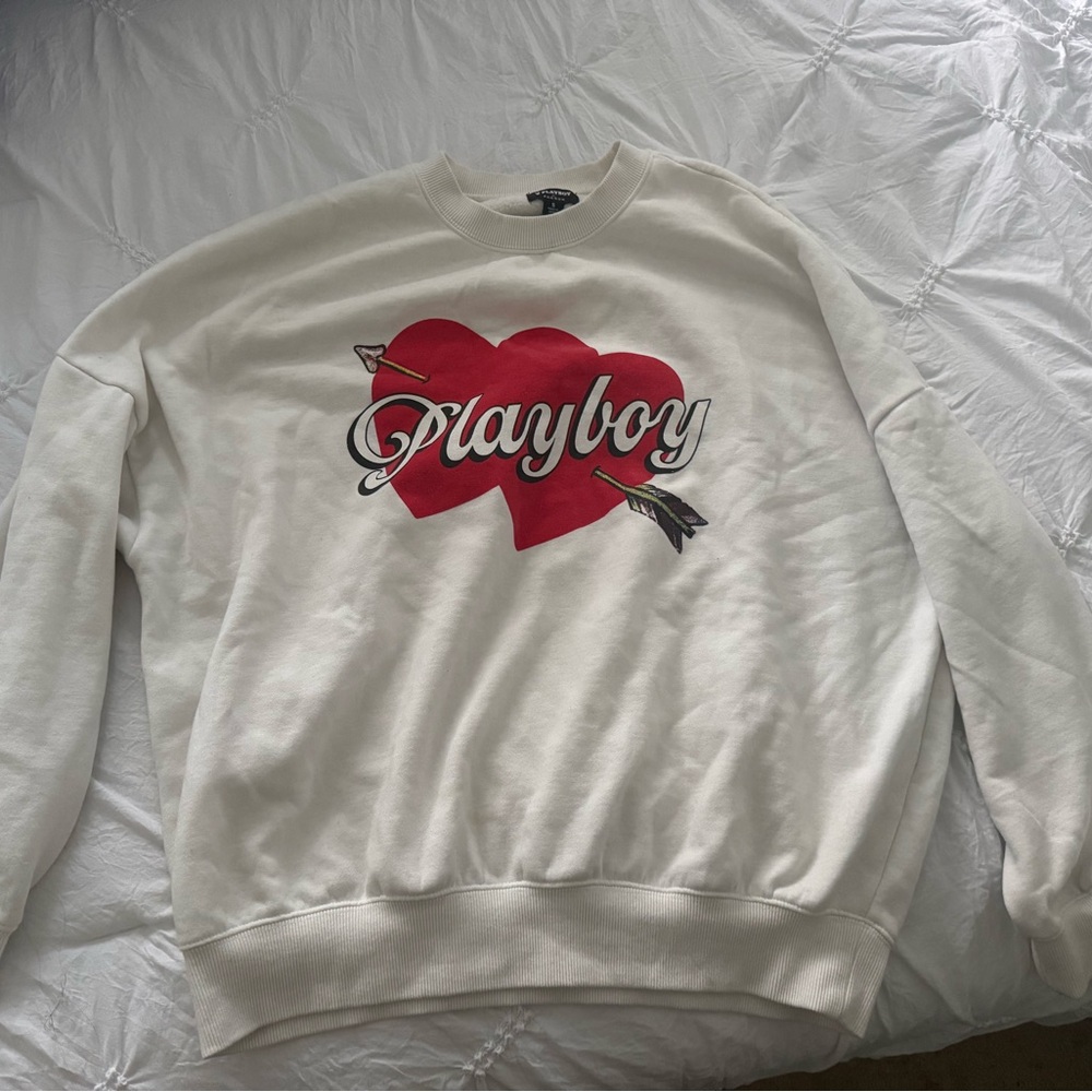 PLAYBOY Cream and Red Heart Crewneck Sweater